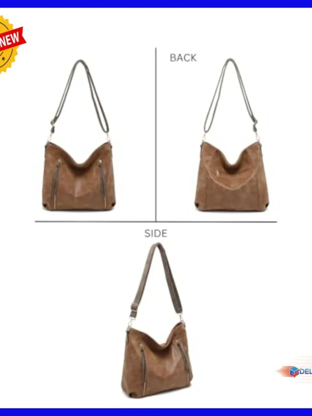 Vegan Leather Hobo Bag 3 Compartments Crossbody Shoulder Purse Work Travel